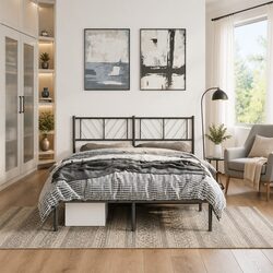 Metal Bed Frame Specifications: Black 150x200 cm with Headboard