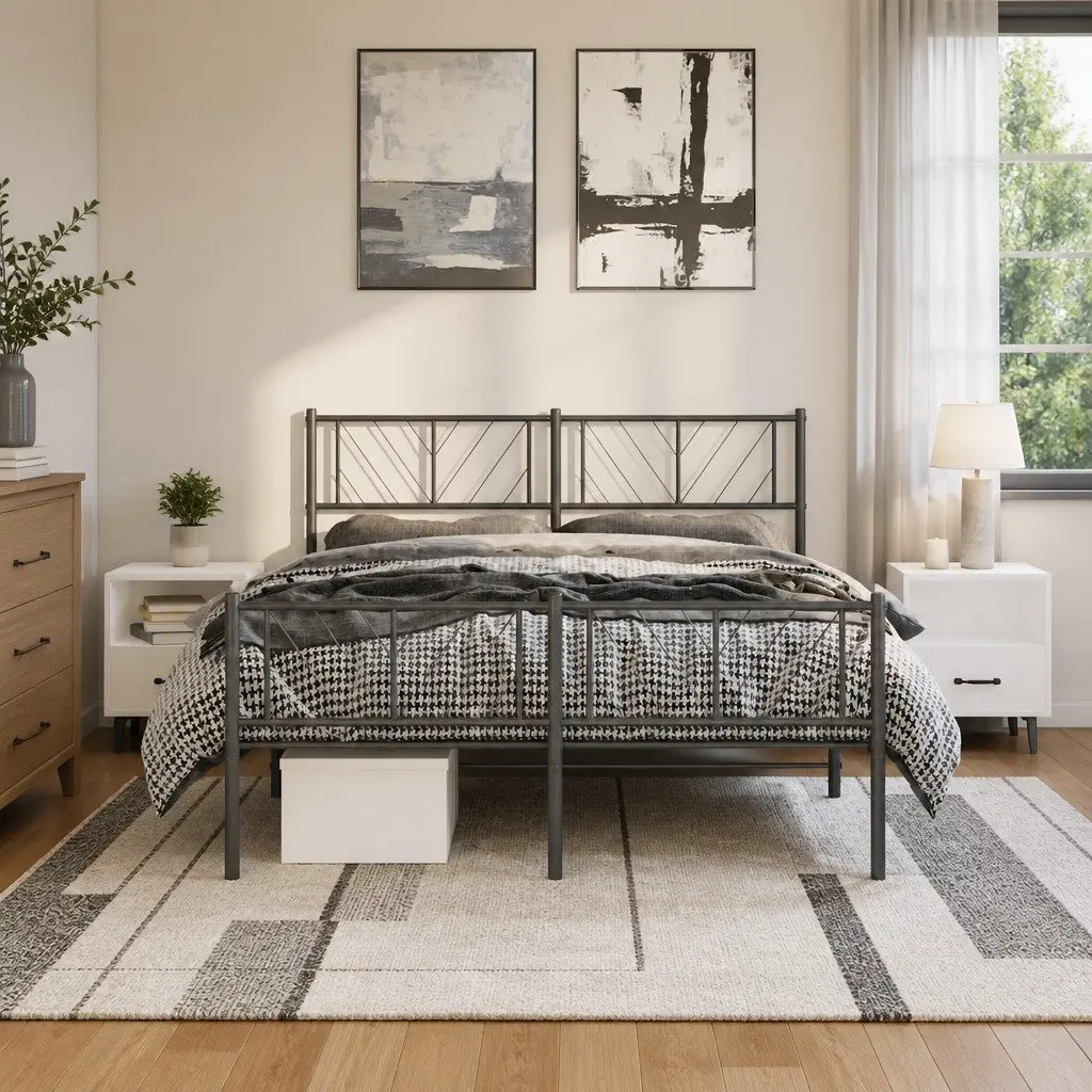 Black Metal Bed Frame 135x190 cm with Headboard and Footboard