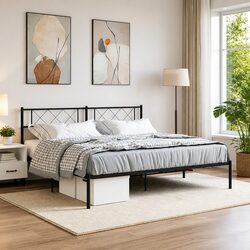 King Metal Bed Frame with Headboard Black Bedroom Furniture Steel Slatted Base