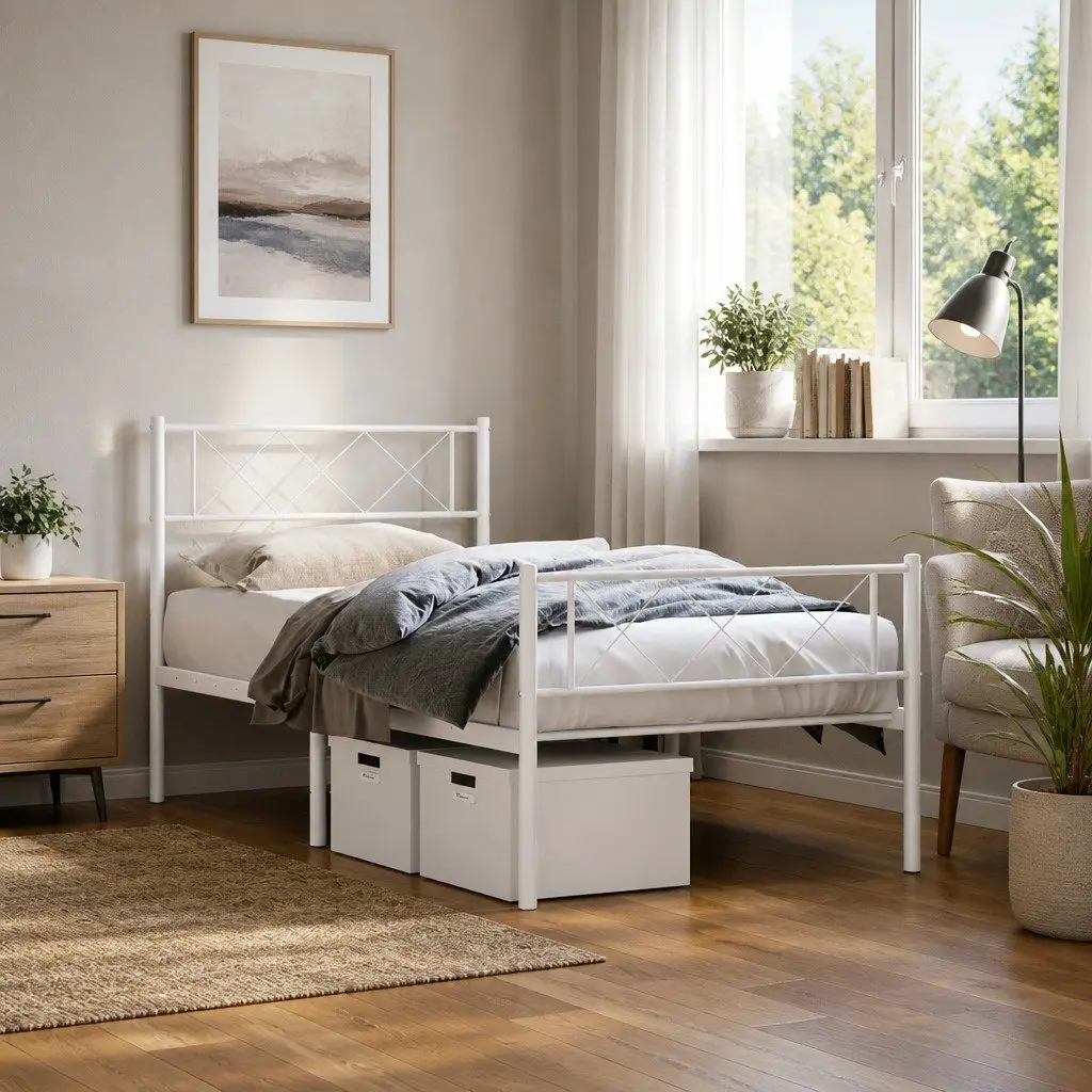 Metal Bed Frame King Single for Bedroom 107x203 cm with Footboard Slatted Base White