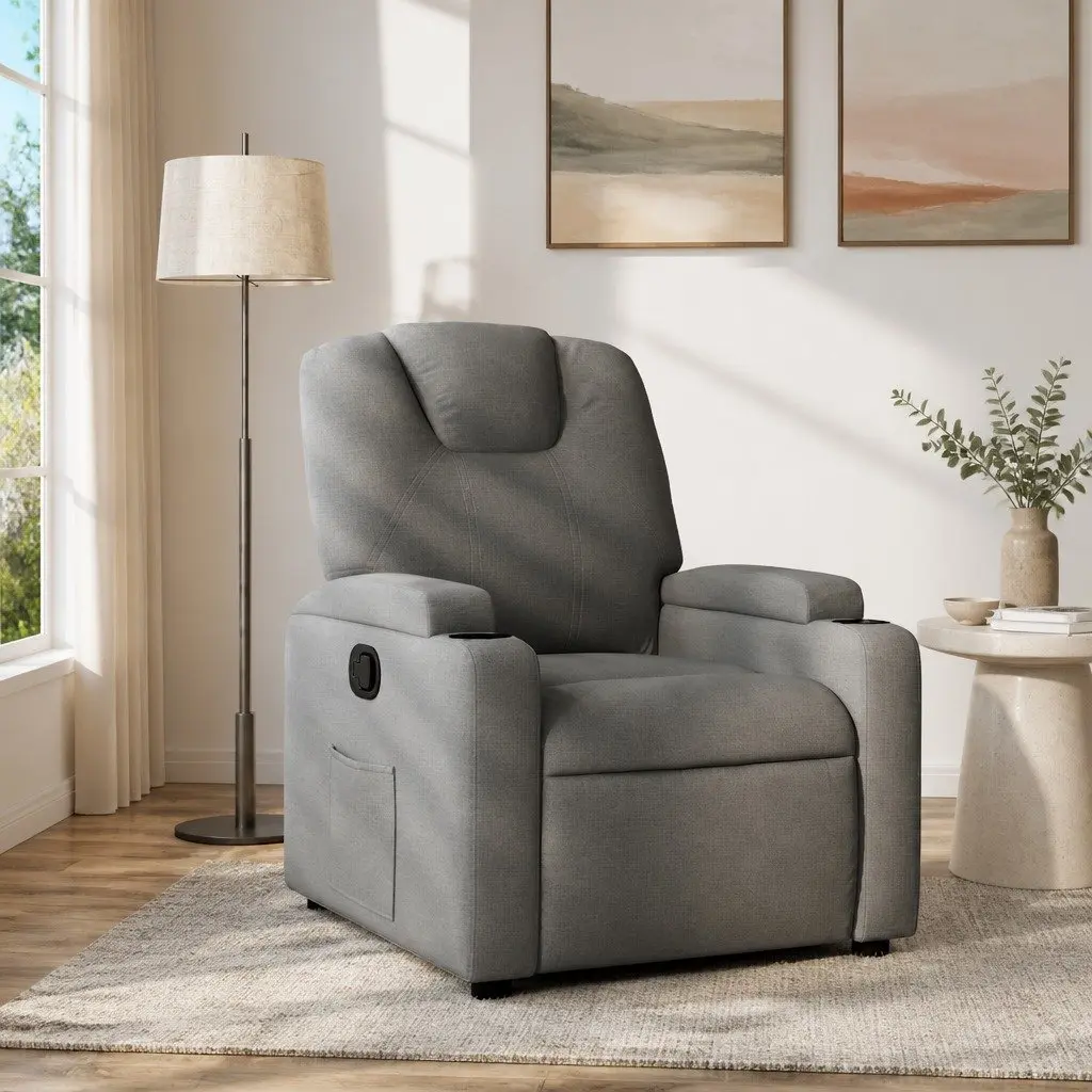 Recliner Chair Grey Fabric Manual Recline Living Room Size