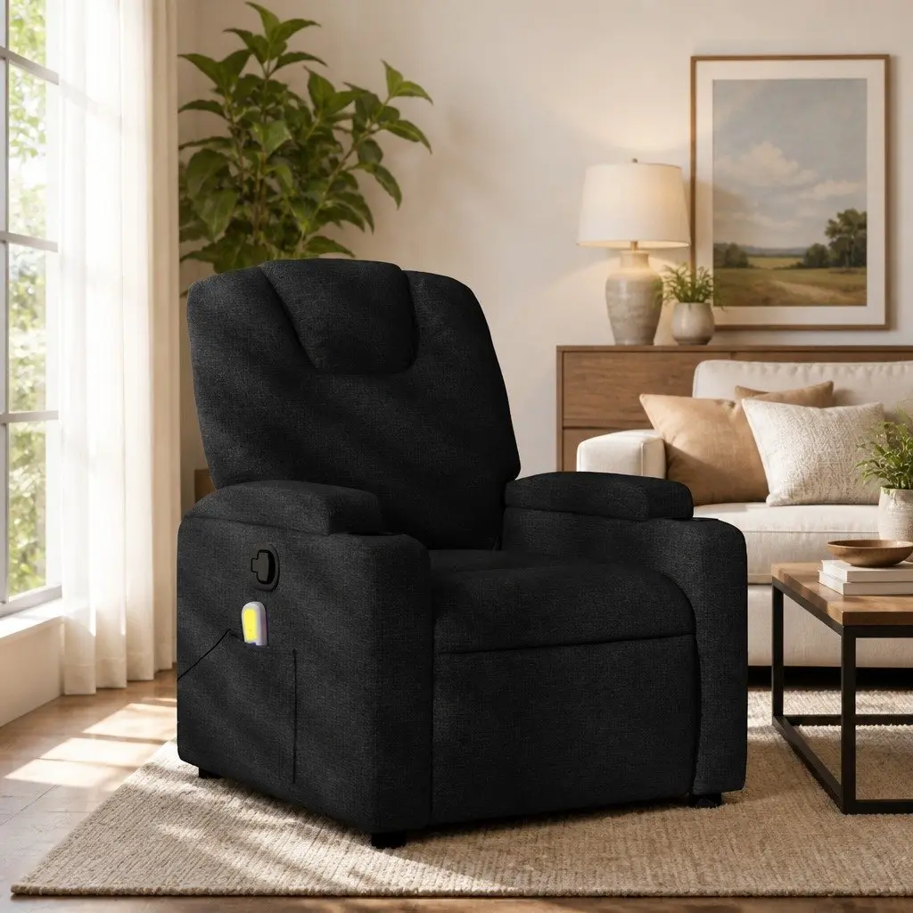 Massage Recliner Chair for Living Room Black Fabric Manual Recline 6 Points Vibration