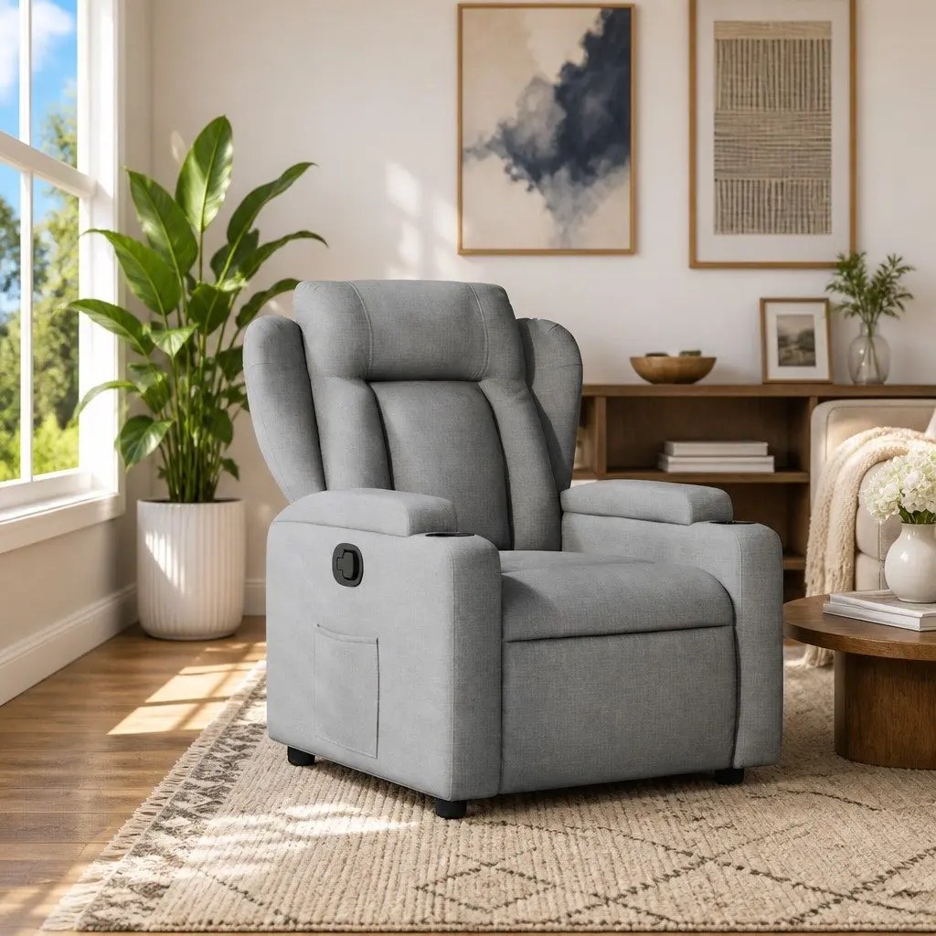 Manual Reclining Armchair Grey Fabric Lounge Chair with Cup Holders