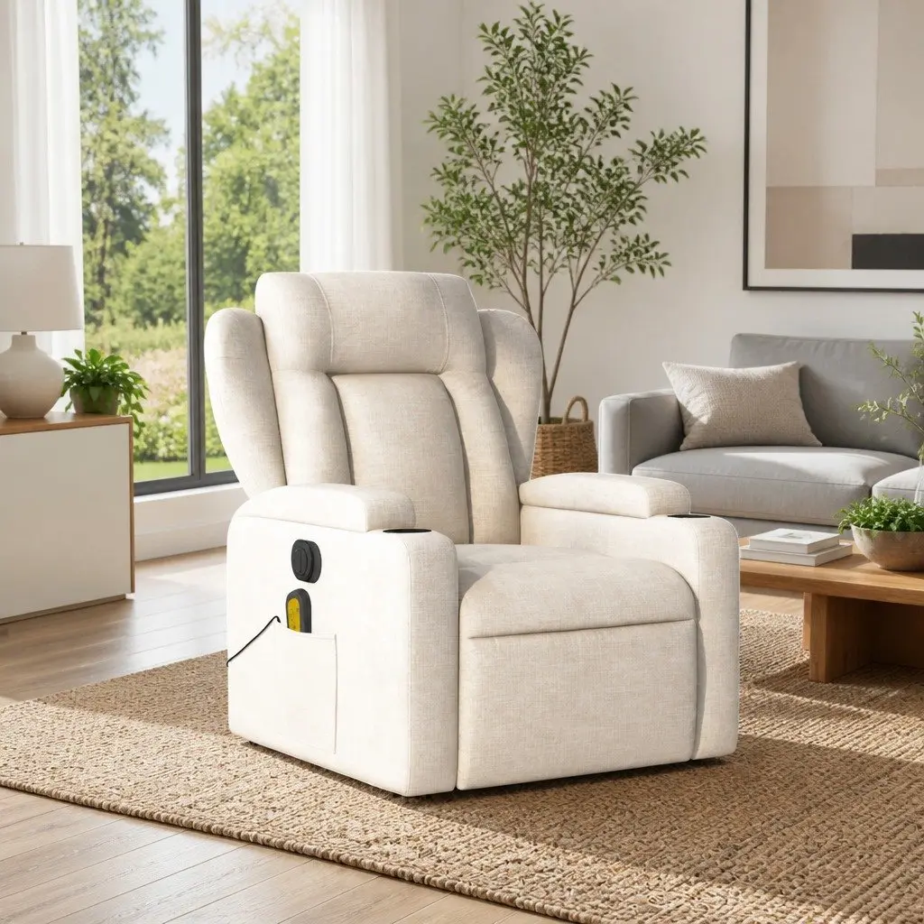 Massage Recliner Chair for Living Room Cream Fabric Manual Reclining Armchair 135 Degree