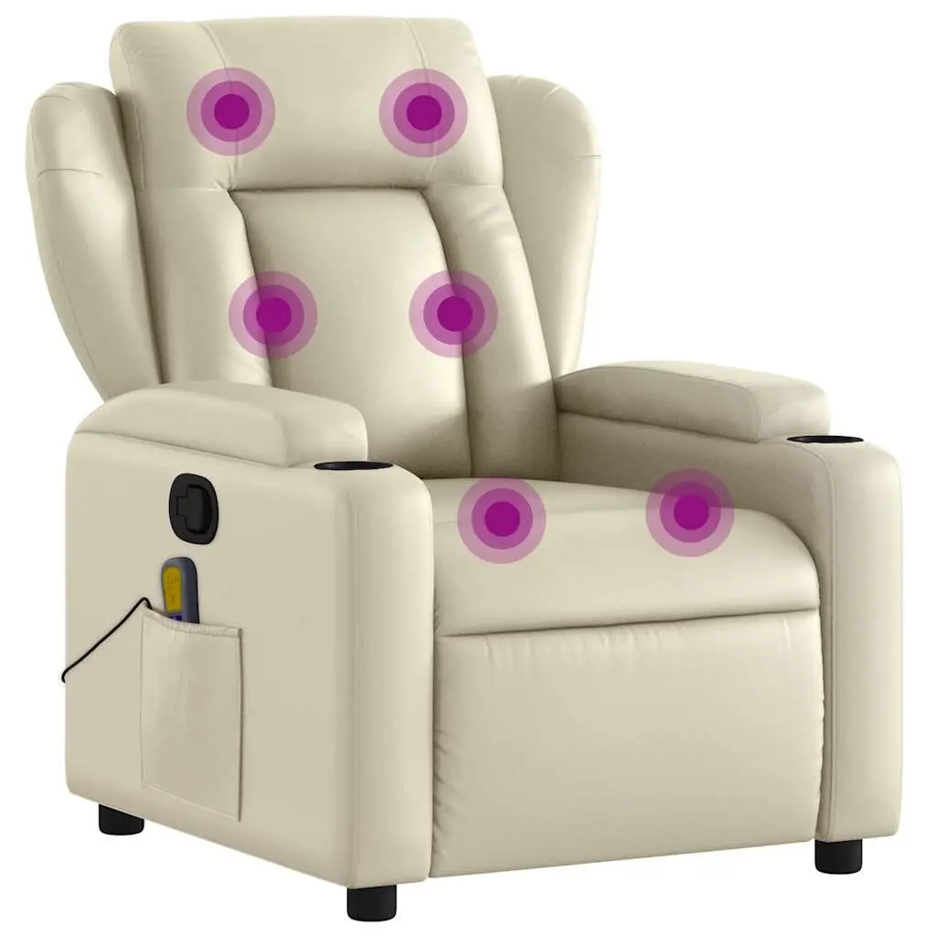 Massage Recliner Chair for Living Room Cream Faux Leather Manual Recline 135 Degrees