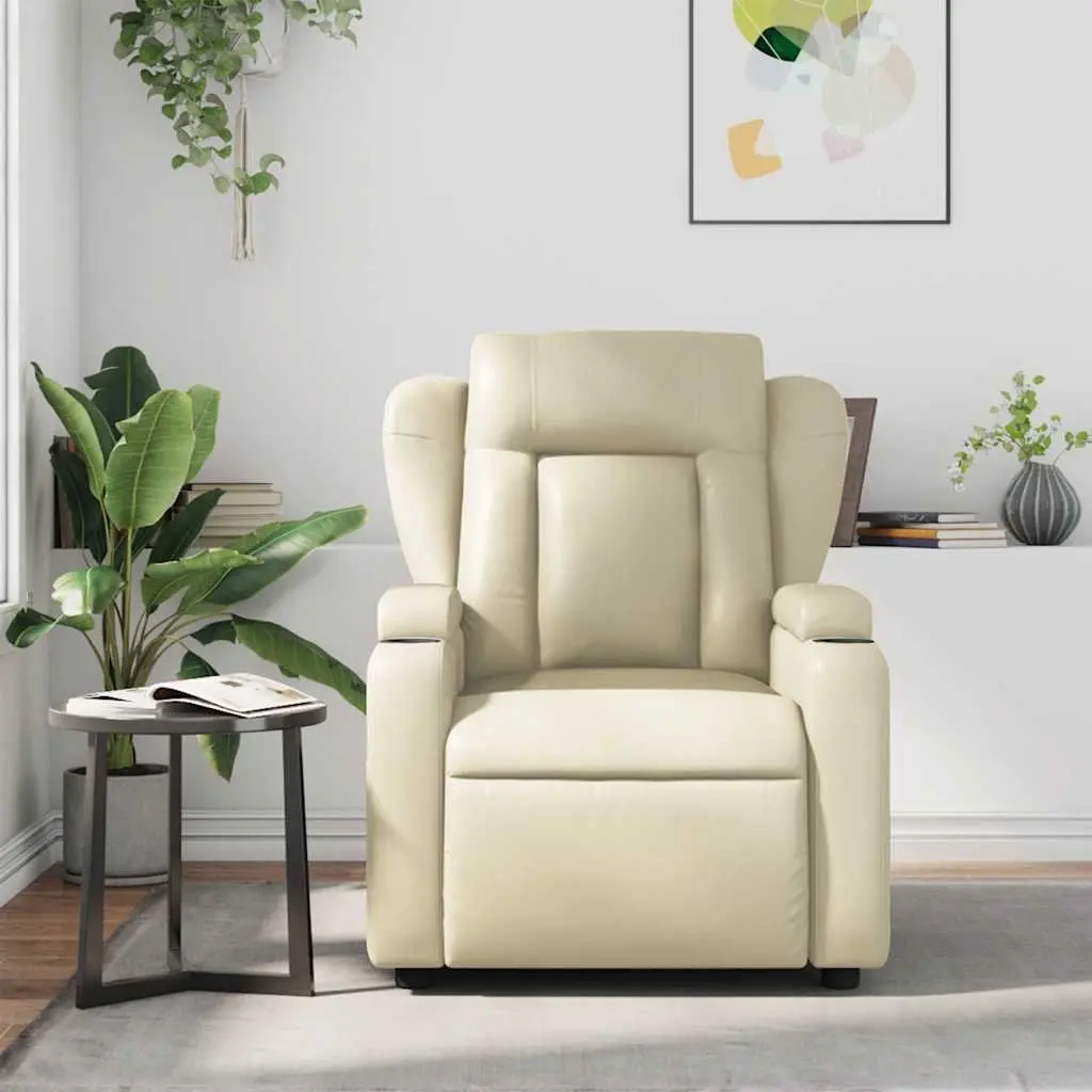 Massage Recliner Chair for Living Room Cream Faux Leather Manual Recline 135 Degrees