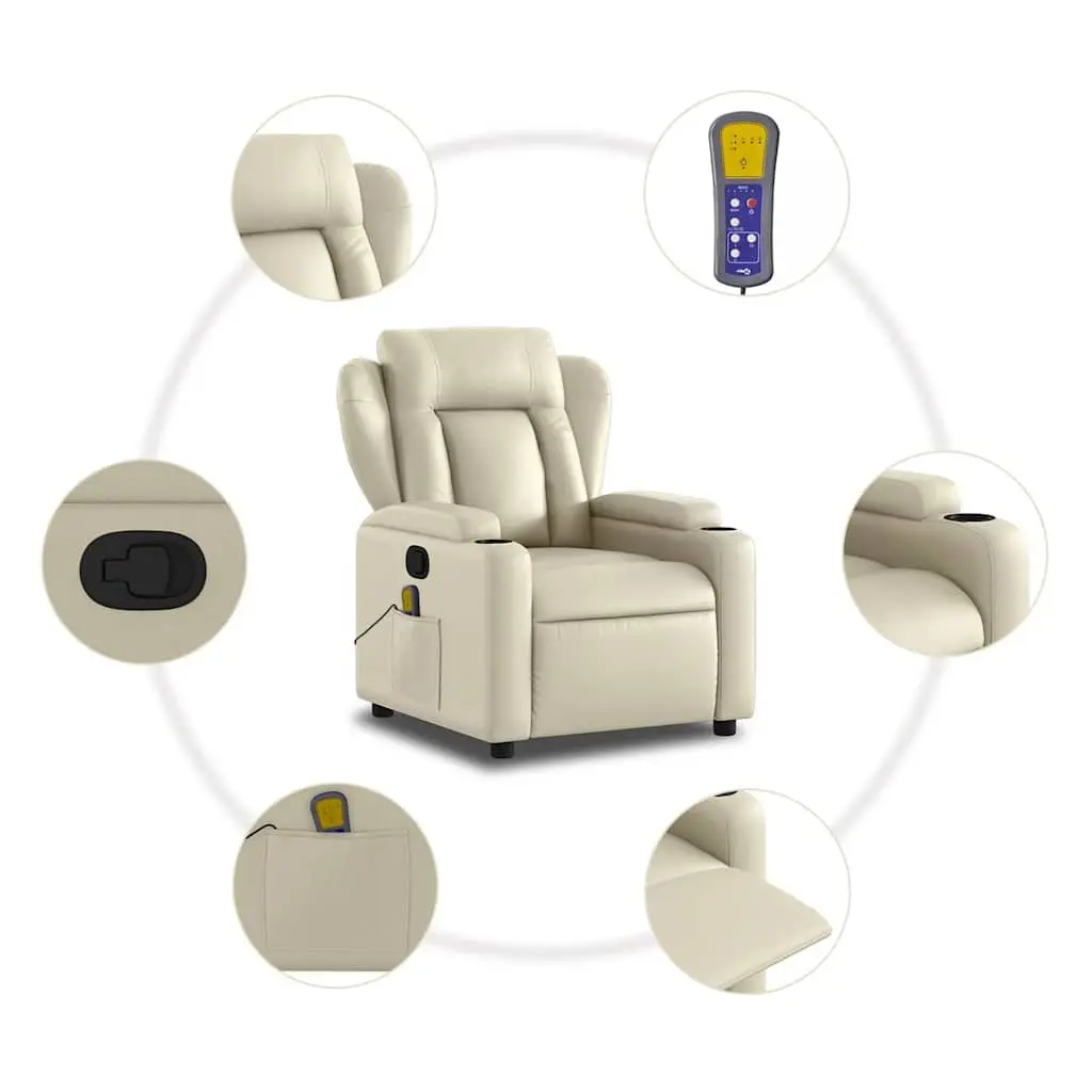 Massage Recliner Chair for Living Room Cream Faux Leather Manual Recline 135 Degrees