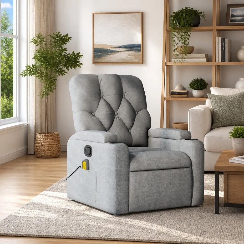 Massage Recliner Chair for Home Grey Fabric Manual Recline Vibration Armchair with Footrest
