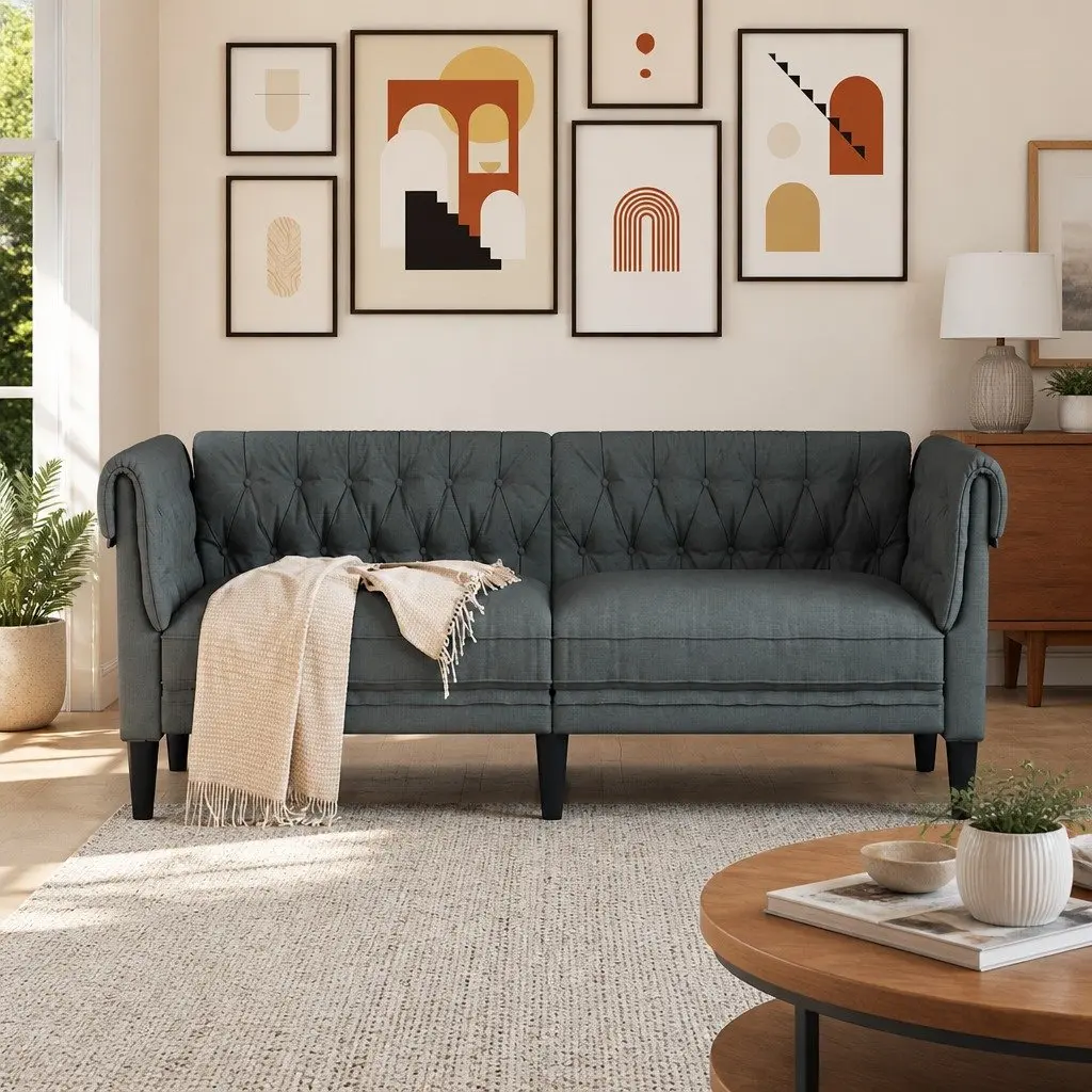 Chesterfield Sofa for Living Room Grey Fabric 2 Seater