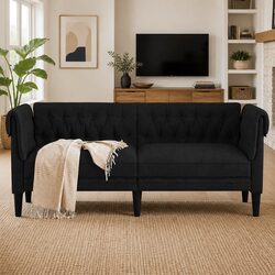 2-Seater Chesterfield Sofa Black Fabric Living Room Couch Classic Rolled Arm