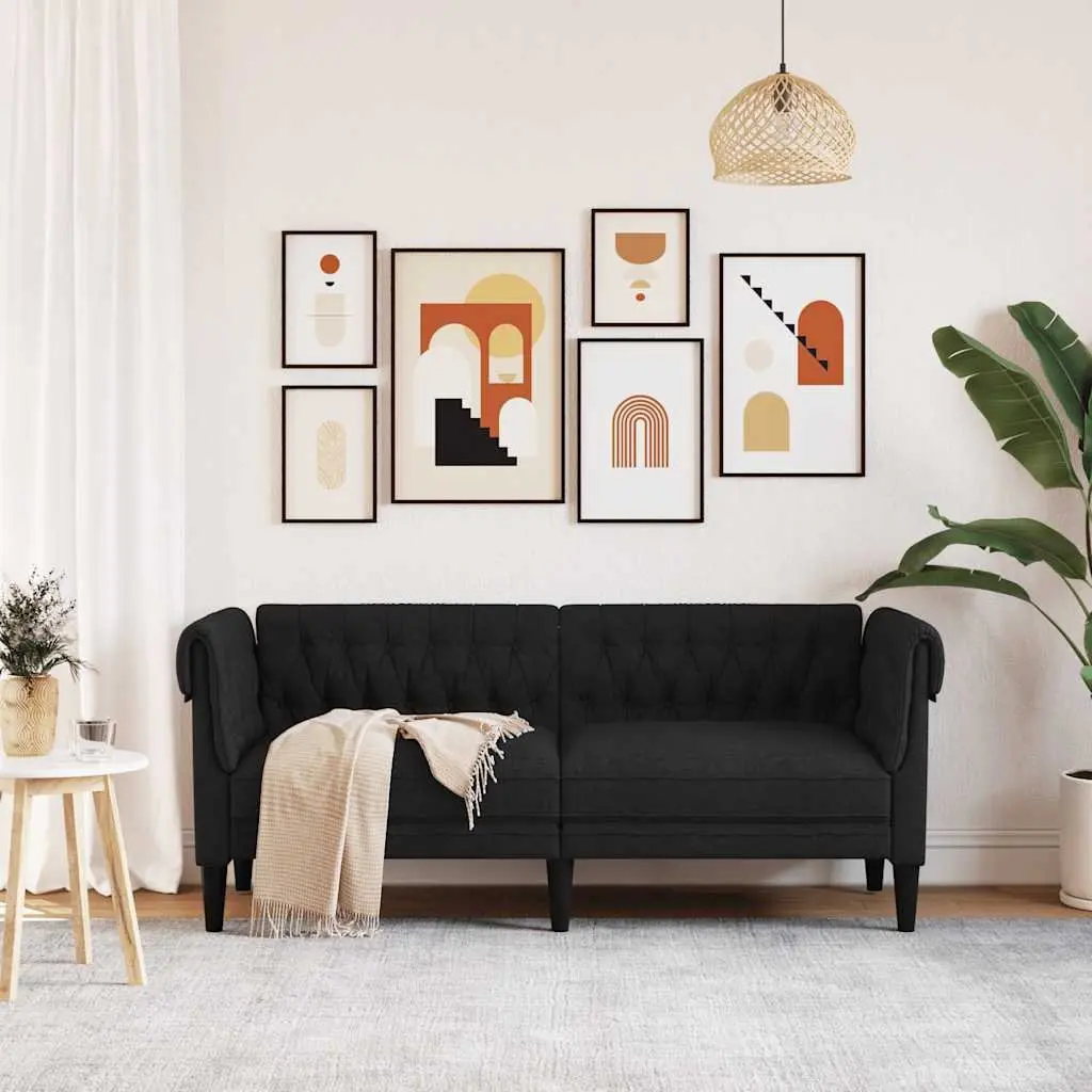 Chesterfield Sofa for Living Room Black Fabric 2-Seater Classic Rolled Arm