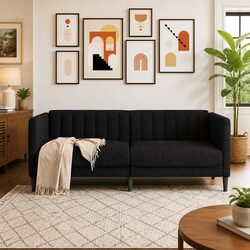 2-Seater Sofa Black Fabric Living Room Couch Comfortable Padded Armrests
