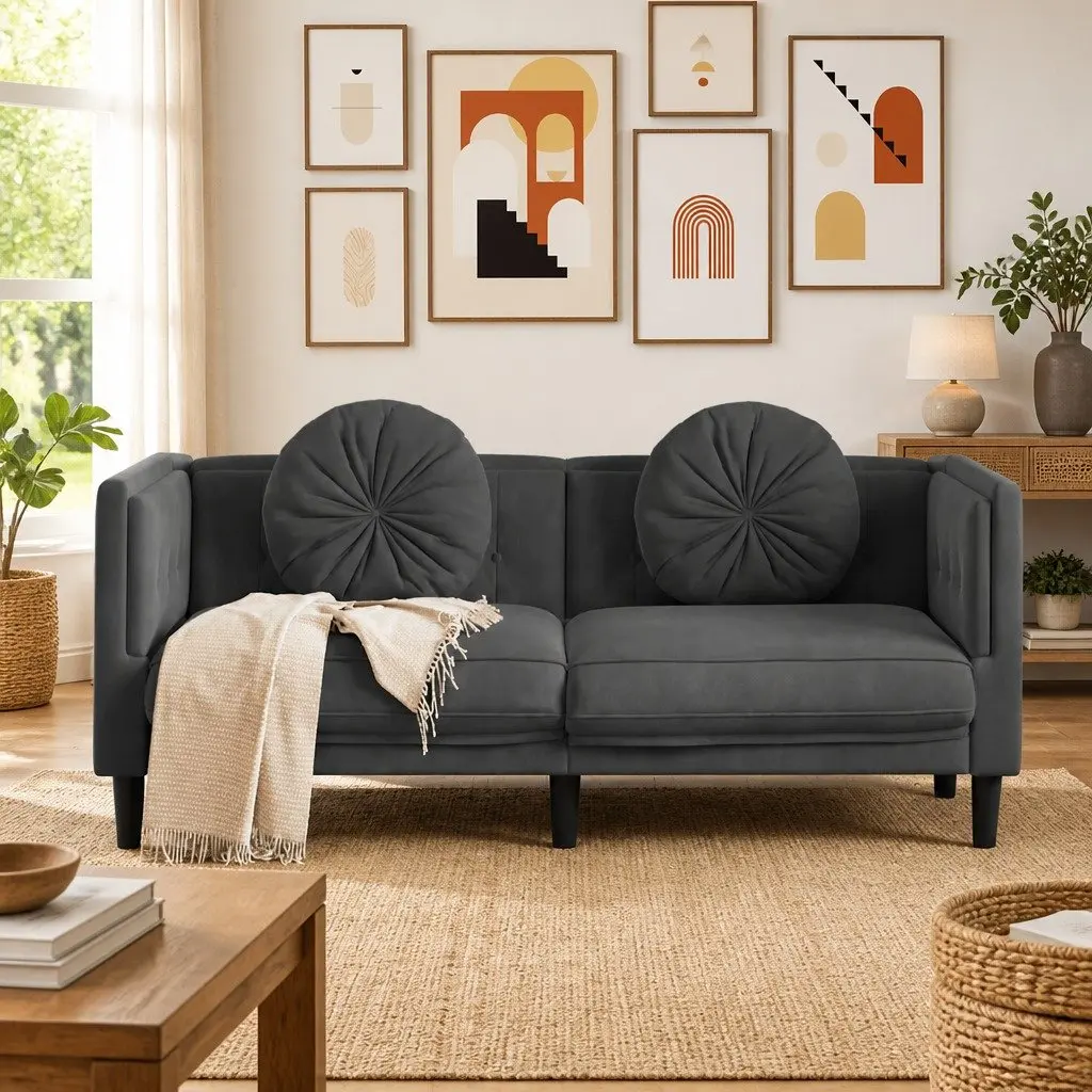 2-Seater Sofa Grey Velvet Living Room Furniture Couch