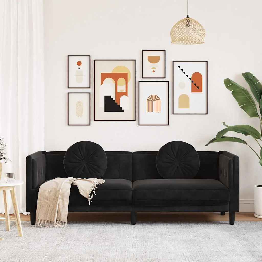 3-Seater Sofa Black Velvet Living Room Couch Comfortable Padded Seat Armrests