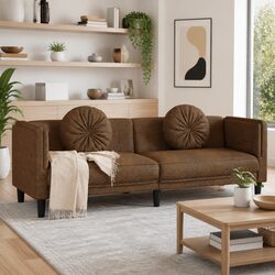 3-Seater Sofa Brown Faux Suede Leather Living Room Couch Padded Armrests