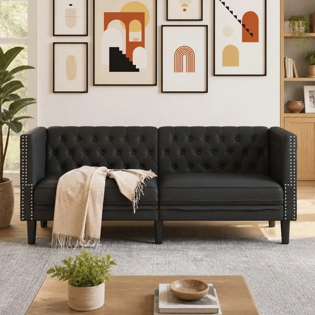 2-Seater Chesterfield Sofa Black Faux Leather Living Room