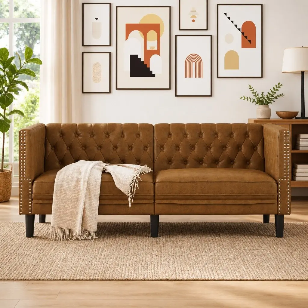 Chesterfield Sofa for Living Room Brown Faux Suede Leather 2 Seater