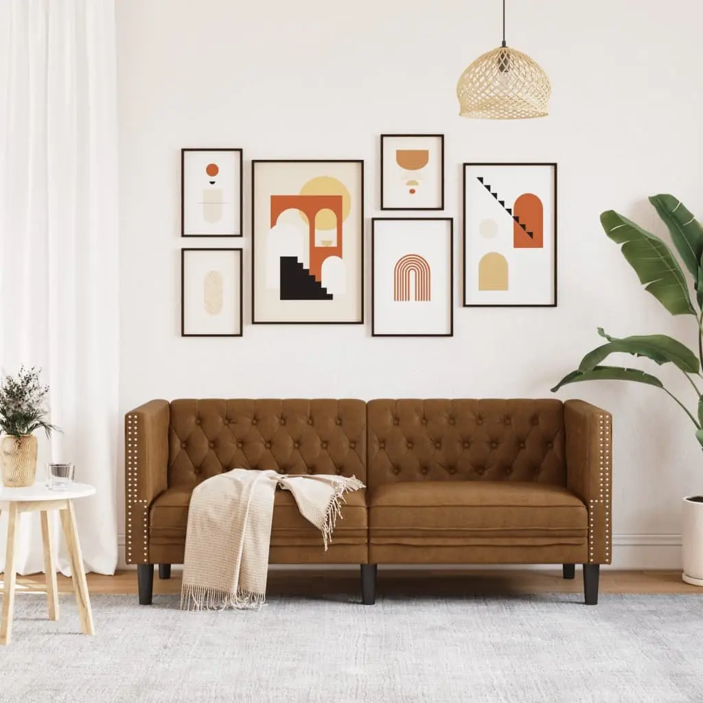Chesterfield Sofa for Living Room Brown Faux Suede Leather 2 Seater