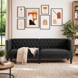3-Seater Chesterfield Sofa Black Faux Leather Button Tufted Living Room