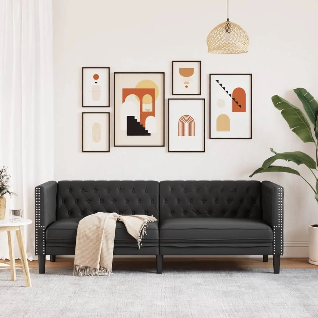 3-Seater Chesterfield Sofa Black Faux Leather Button Tufted Living Room