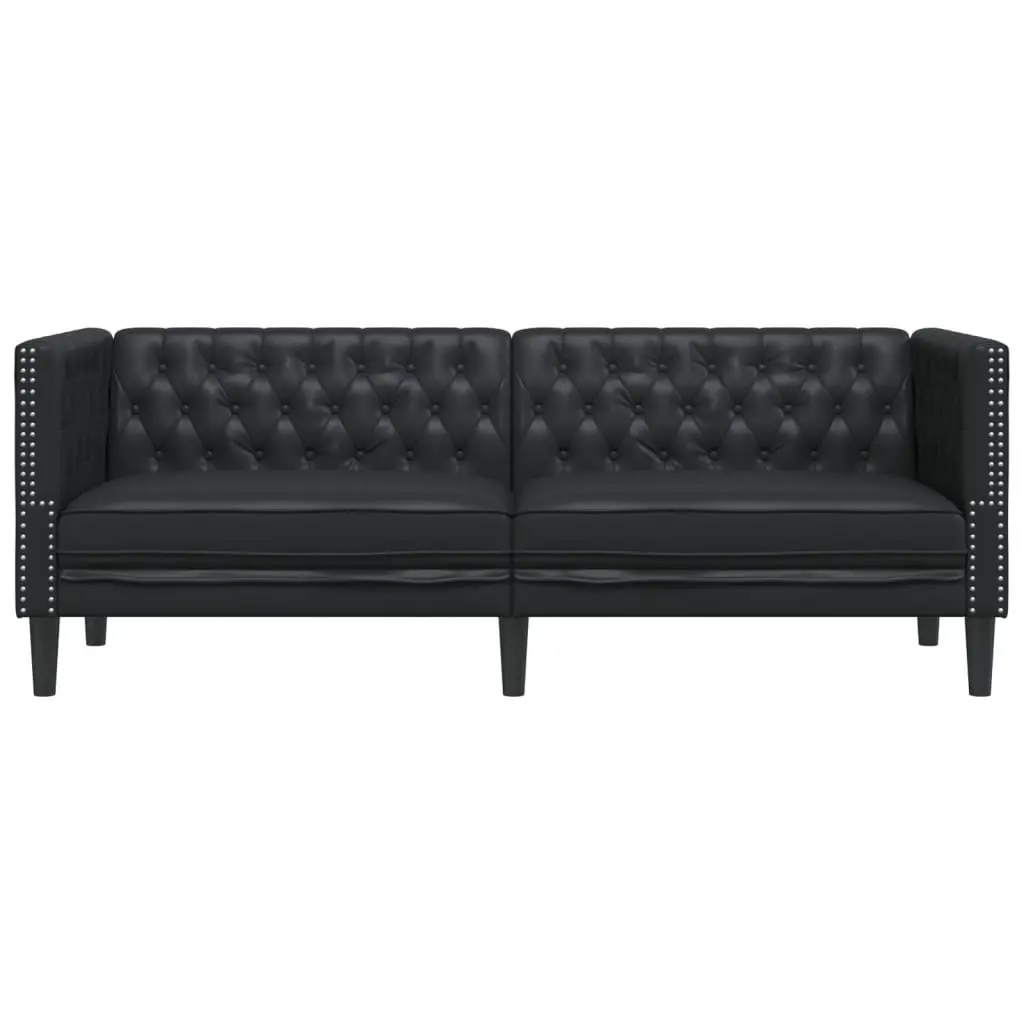 3-Seater Chesterfield Sofa Black Faux Leather Button Tufted Living Room