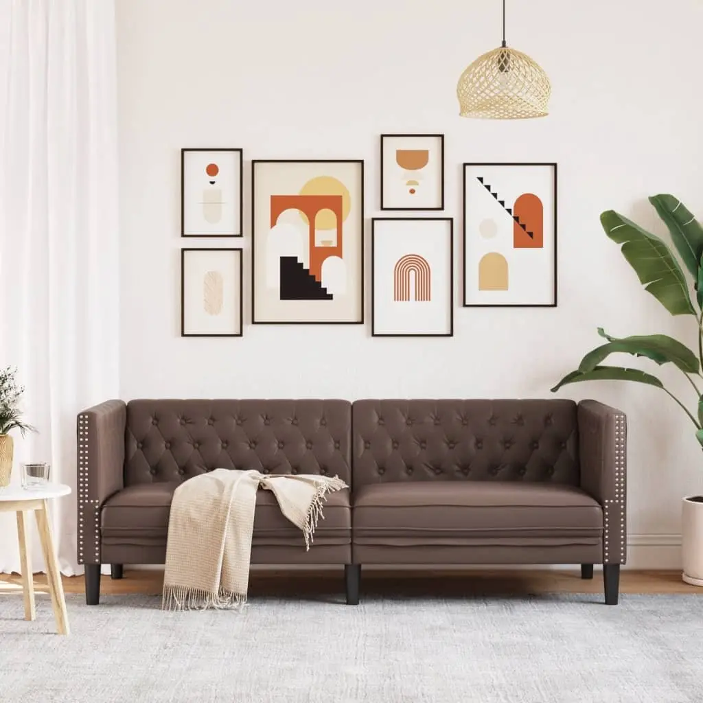 Chesterfield Sofa Living Room Brown Faux Leather 3-Seater