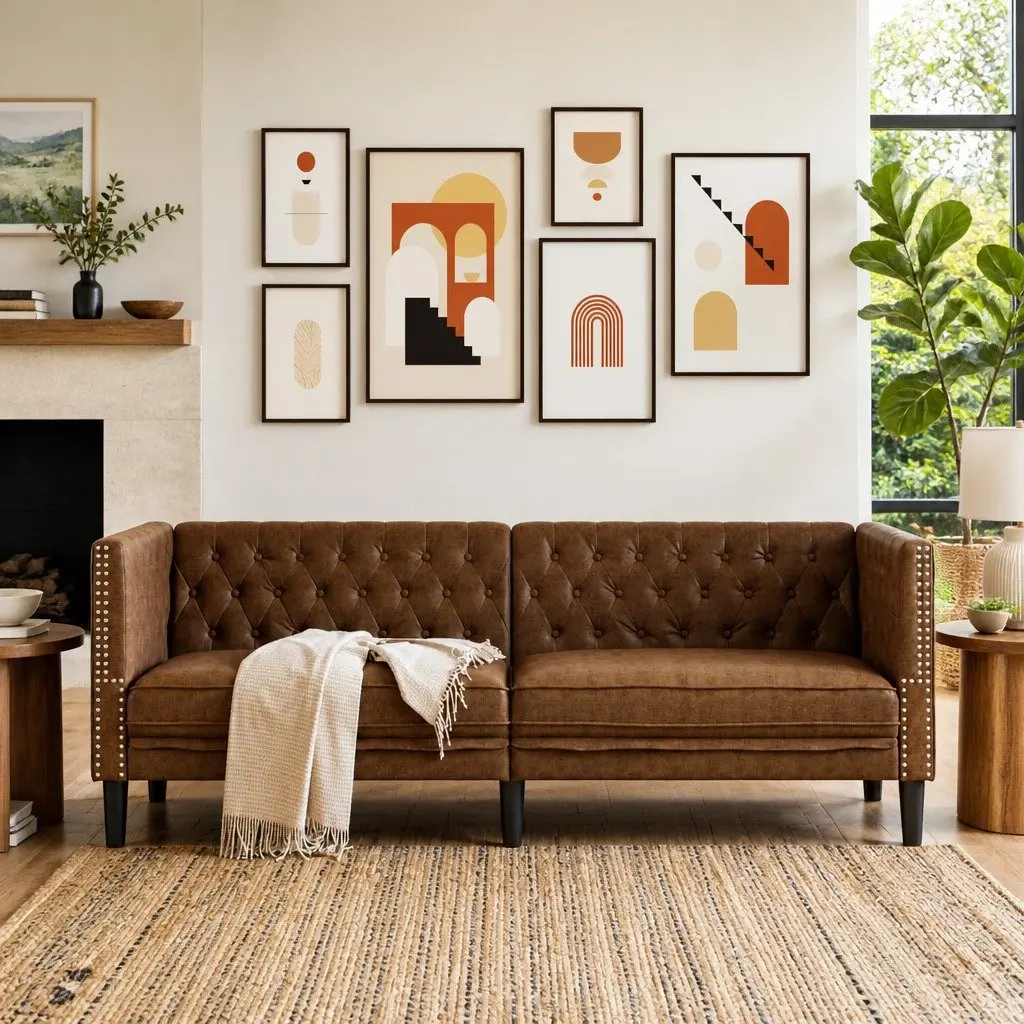 Chesterfield Sofa Living Room Brown Faux Suede 3-Seater