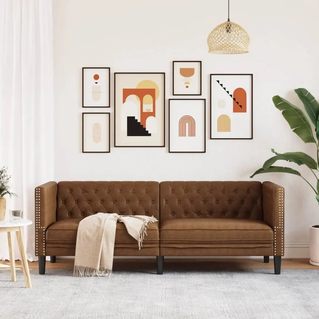 Chesterfield Sofa Living Room Brown Faux Suede 3-Seater