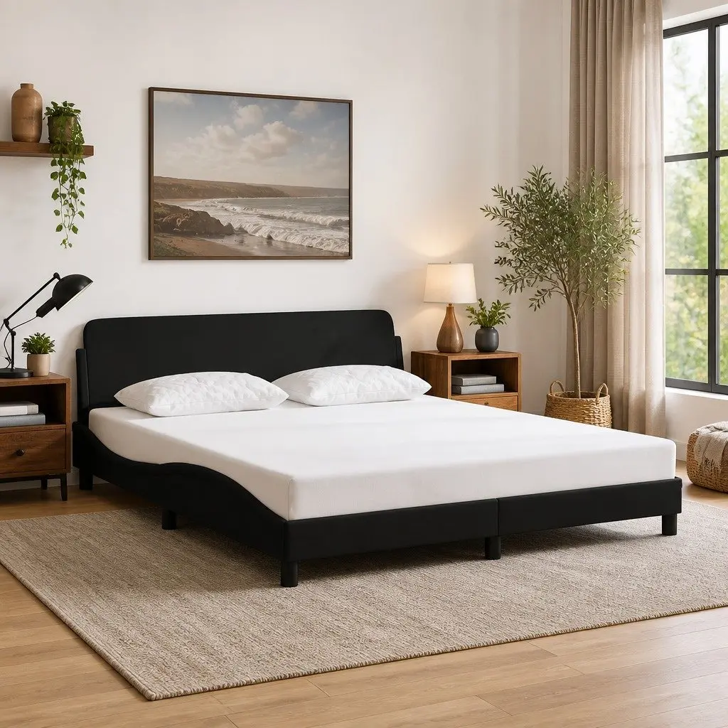 King Bed Frame 180x200 cm Black Fabric Headboard Plywood Slats Bedroom Furniture