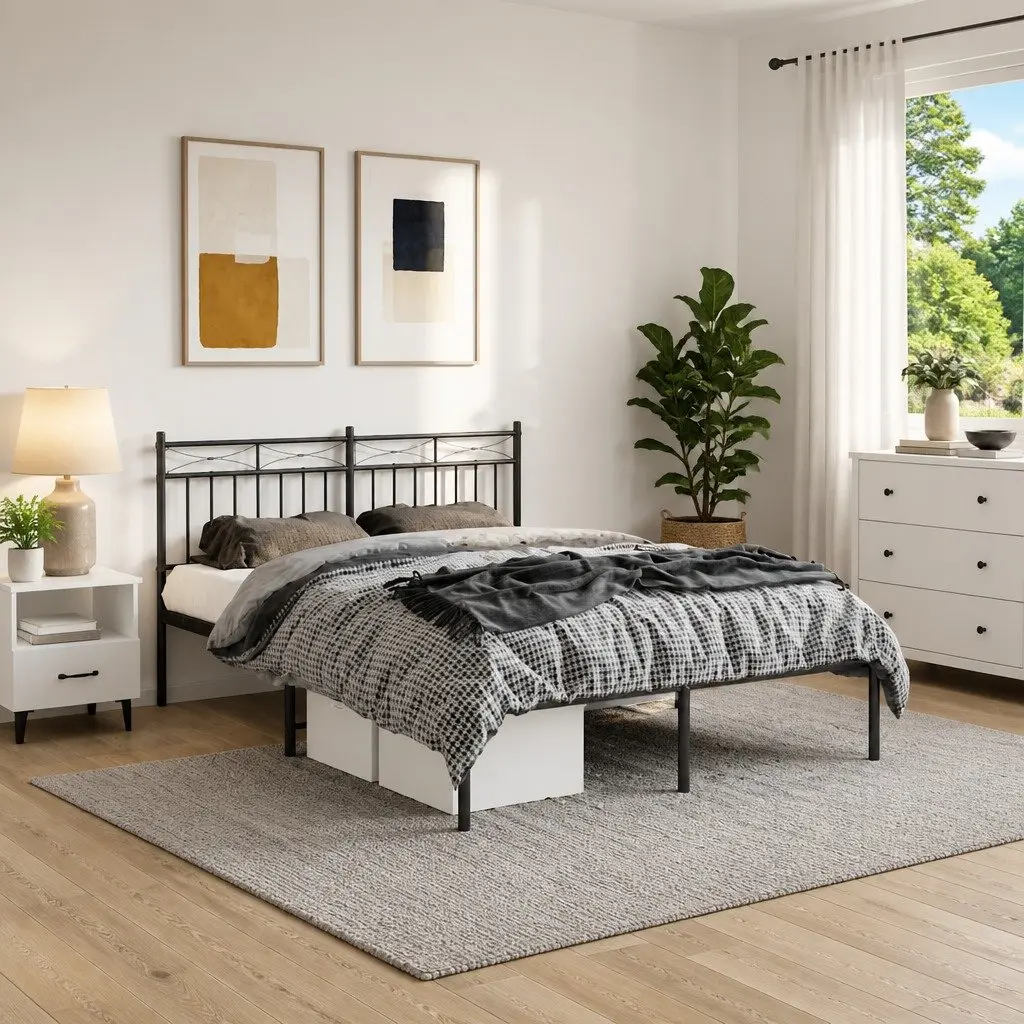 Metal Bed Frame 150x200 cm with Headboard Black Steel Bedroom Furniture