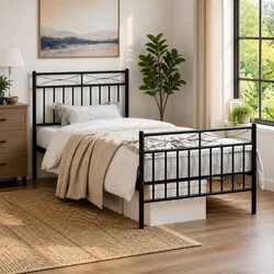 Metal Bed Frame 90x190 cm Black Footboard Bedroom Furniture Steel Slats Support