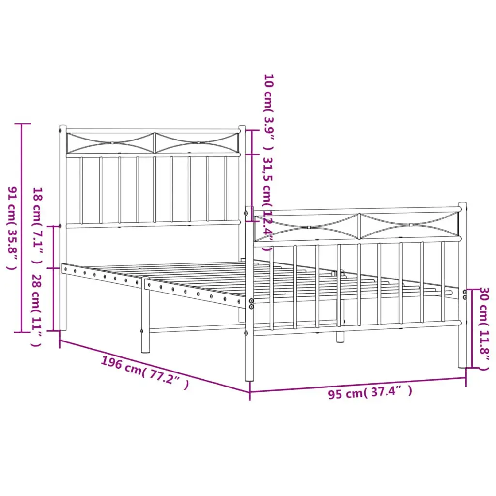 Metal Bed Frame Bedroom 90x190 cm Black Steel Slats Support