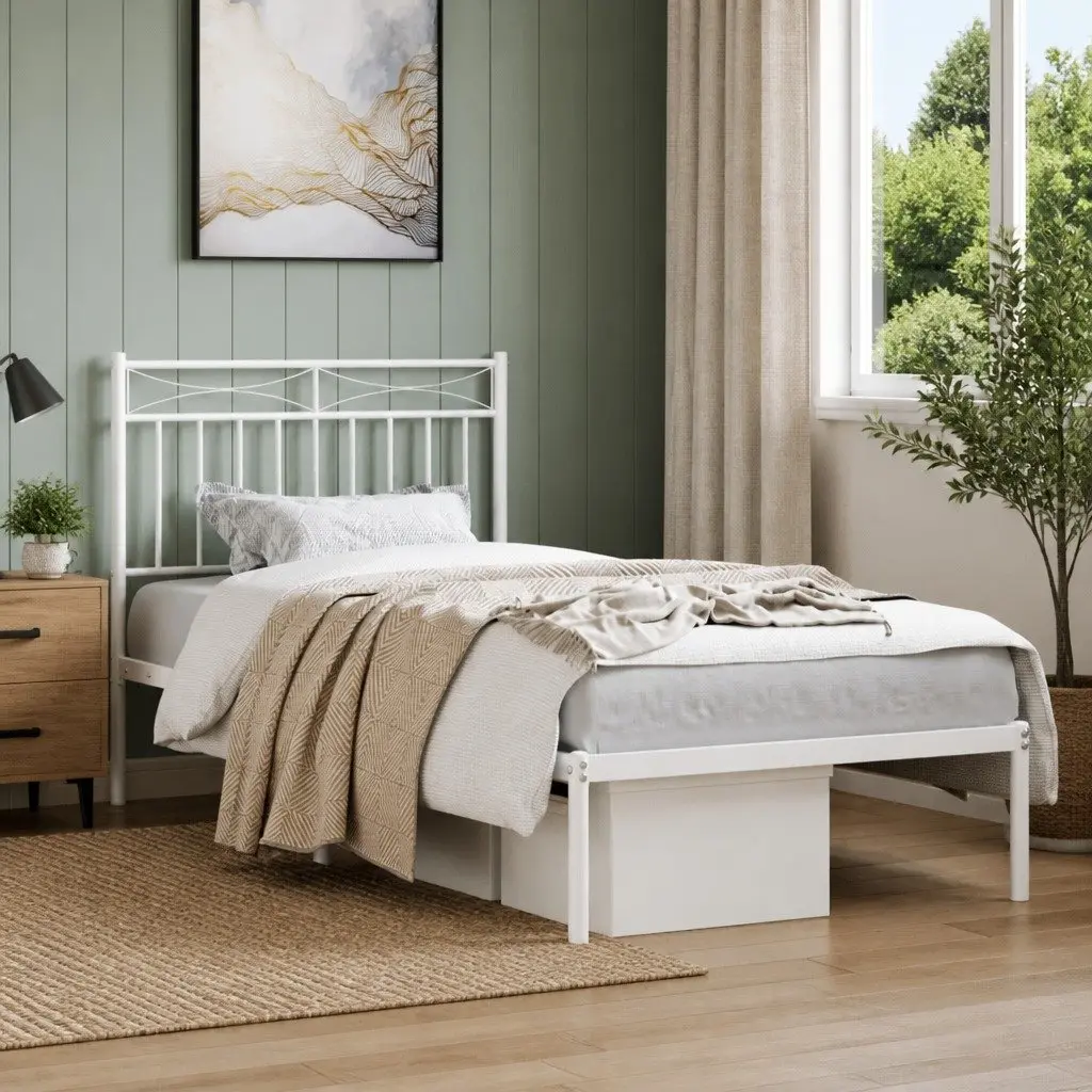 Metal Bed Frame with Headboard White 90x190 cm Steel Bedroom Furniture Base