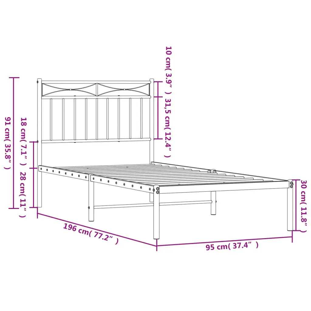 Metal Bed Frame with Headboard White 90x190 cm Steel Bedroom Furniture Base