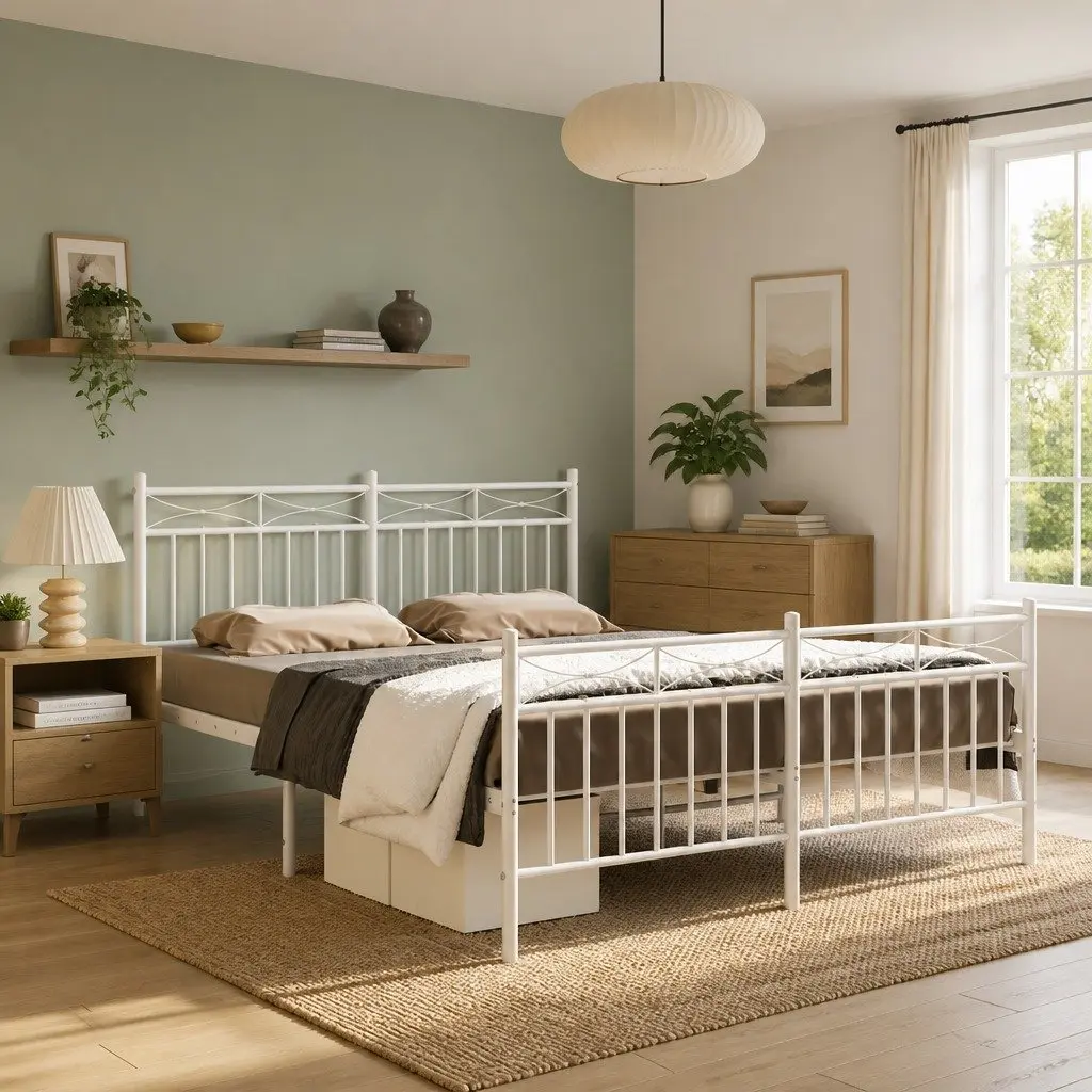 Metal Bed Frame for Bedroom 135x190 cm with Headboard and Footboard White Steel