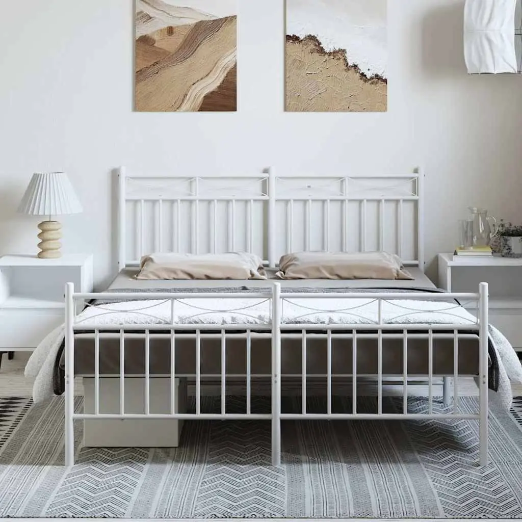 Metal Bed Frame for Bedroom 135x190 cm with Headboard and Footboard White Steel