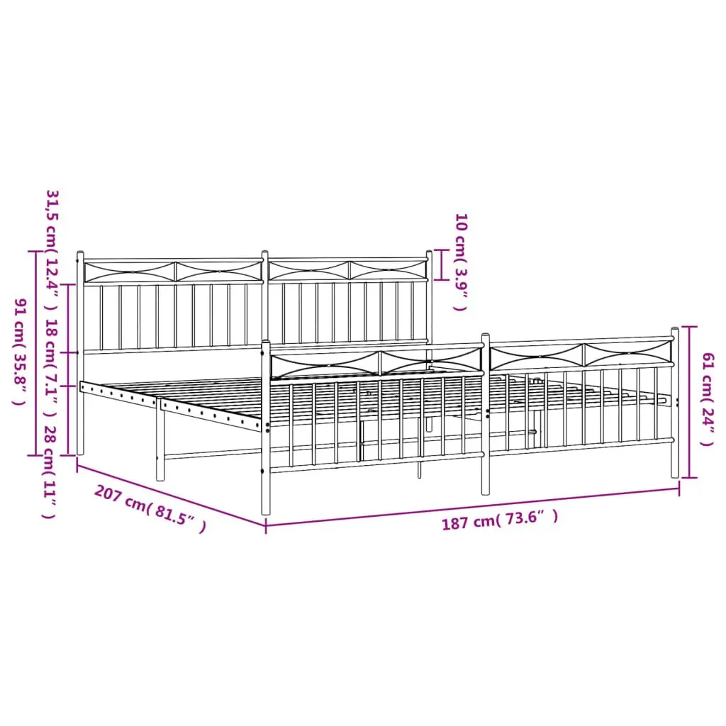 Metal Bed Frame King Size 183x203 cm with Footboard White Bedroom Furniture