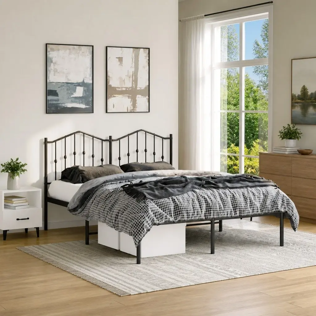 Metal Bed Frame with Headboard for Bedroom 135x190 cm Black Steel Slats