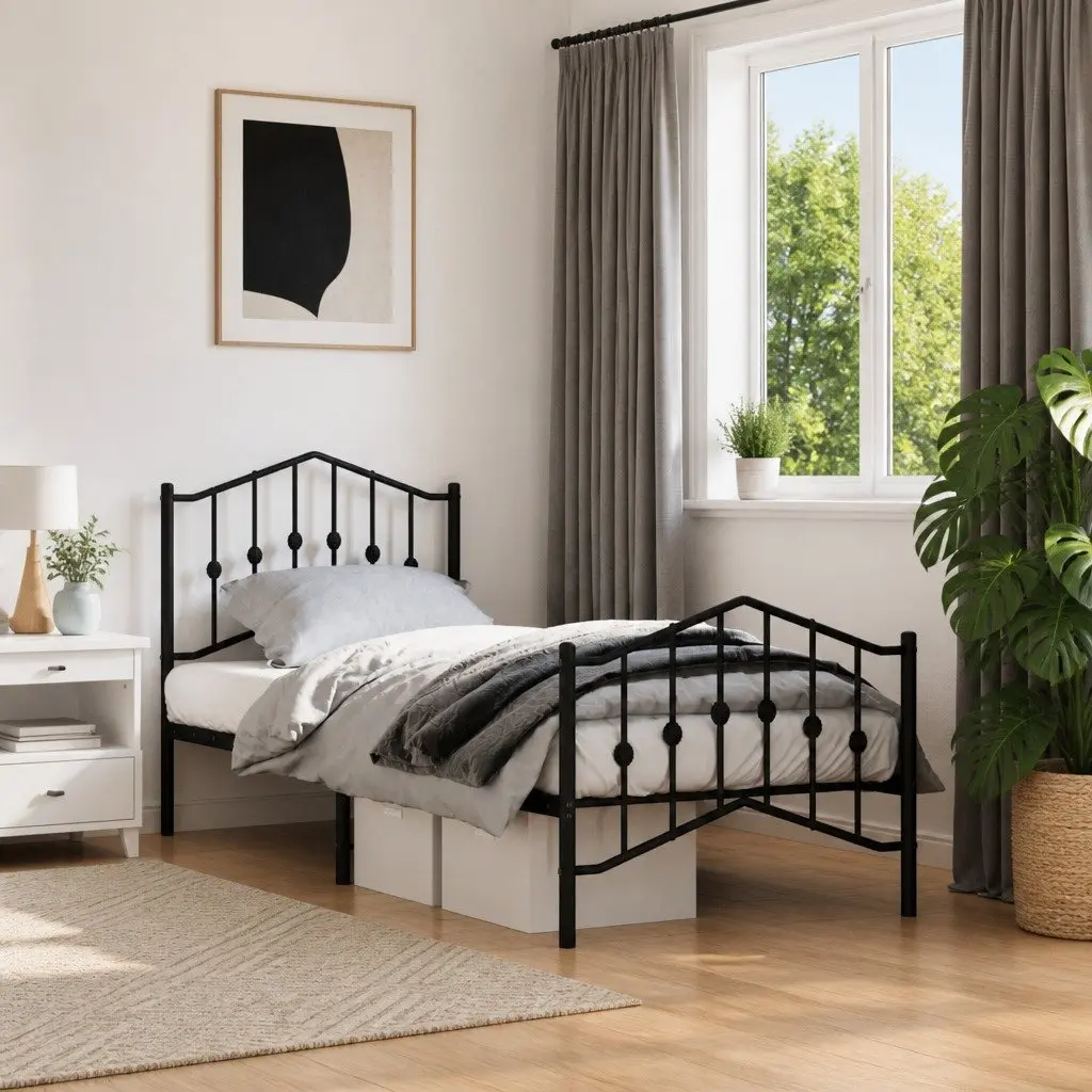 Metal Bed Frame Bedroom 90x190 cm with Footboard Headboard Black