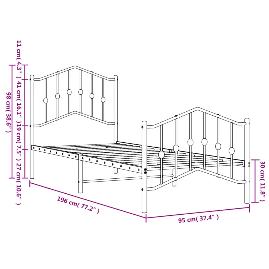 Metal Bed Frame Bedroom 90x190 cm with Footboard Headboard Black