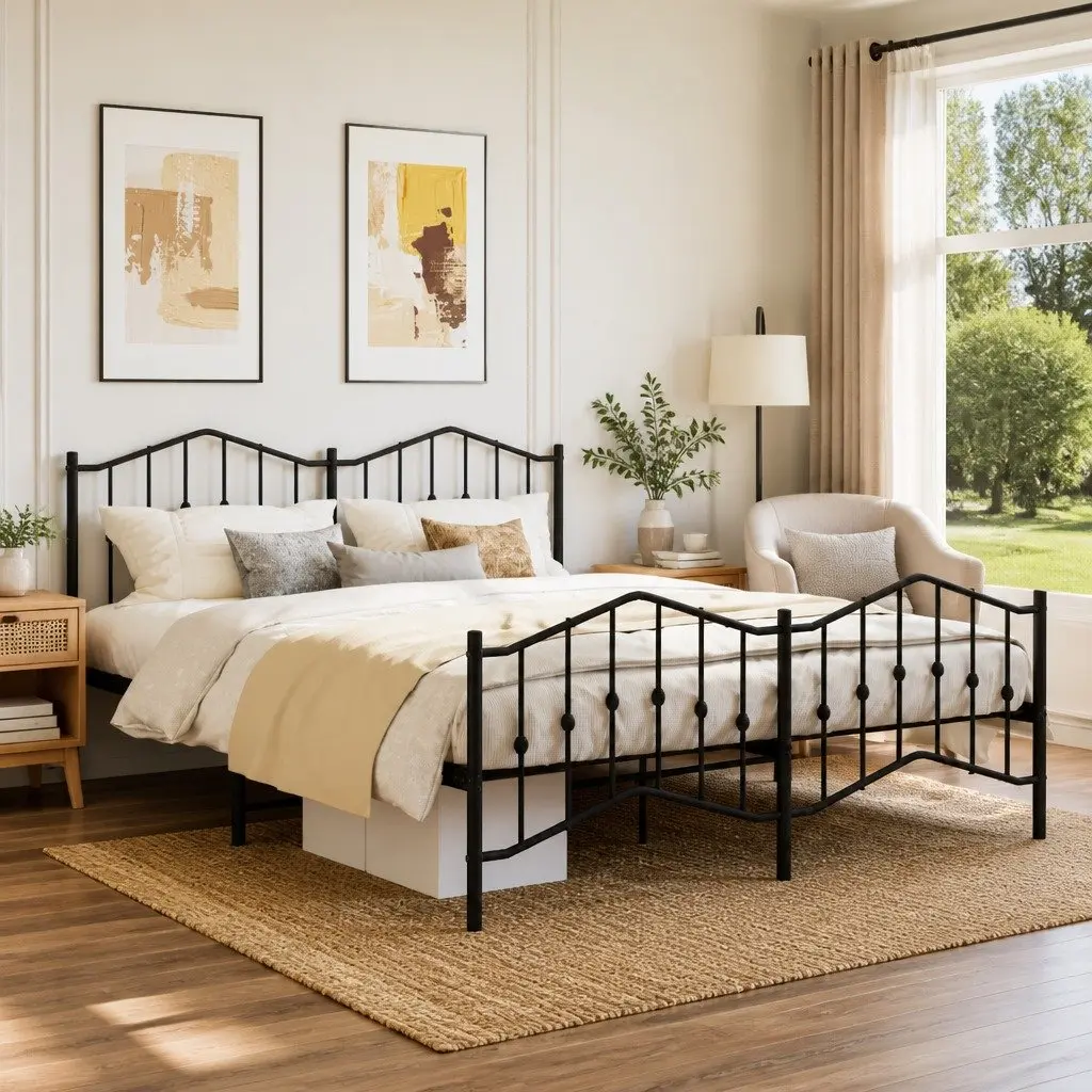 Metal Bed Frame King 183x203 cm with Footboard Headboard Black Bedroom Furniture