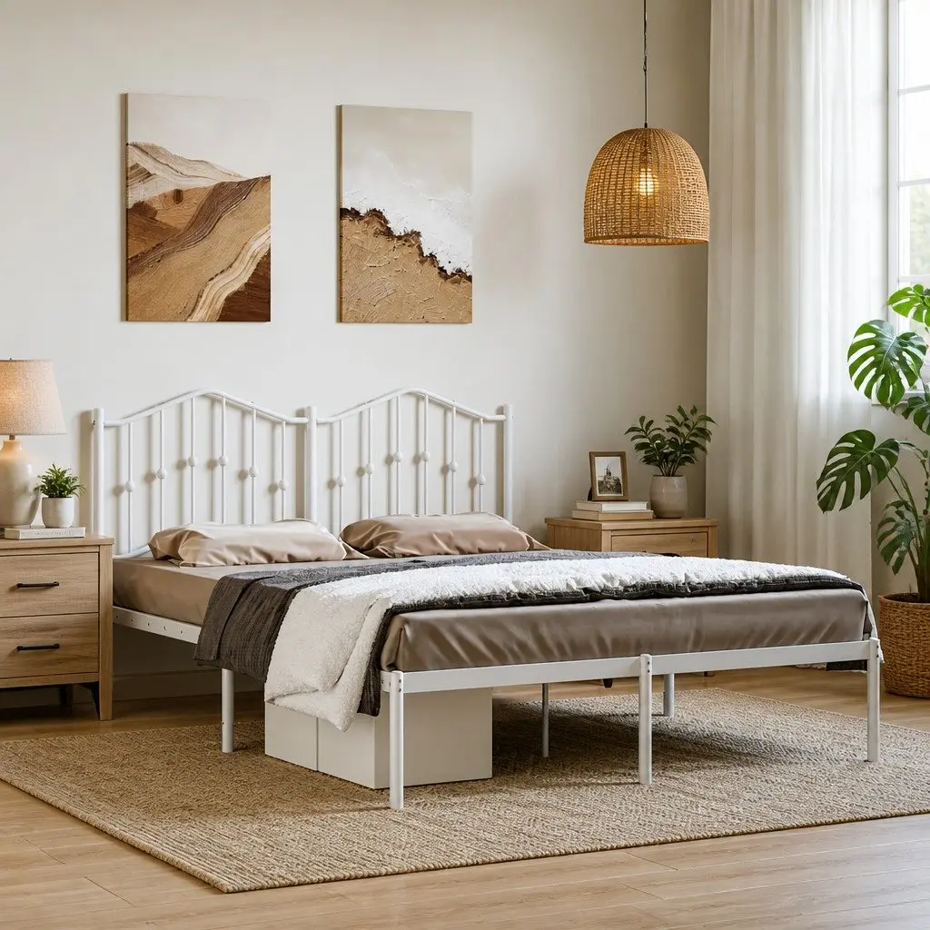 Metal Bed Frame with Headboard White 135x190 cm