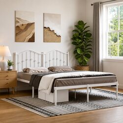 Metal Bed Frame with Headboard, 150x200 cm, White