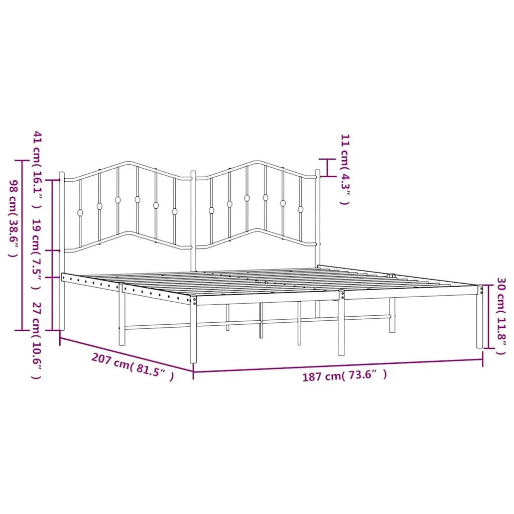 Metal Bed Frame King Size 183x203 cm with Headboard Slatted Base White
