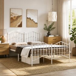 135x190 cm Metal Bed Frame in White with Footboard and Headboard