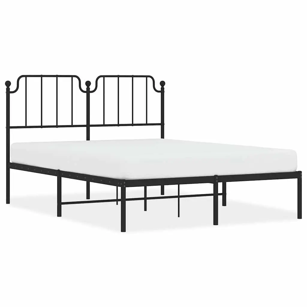 Metal Bed Frame 135x190cm with Headboard Slatted Base Black Bedroom Furniture