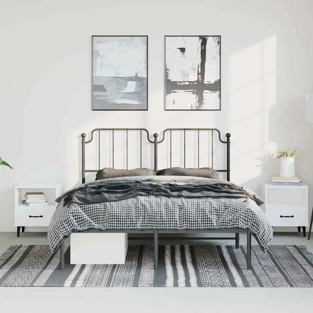 Metal Bed Frame 135x190cm with Headboard Slatted Base Black Bedroom Furniture