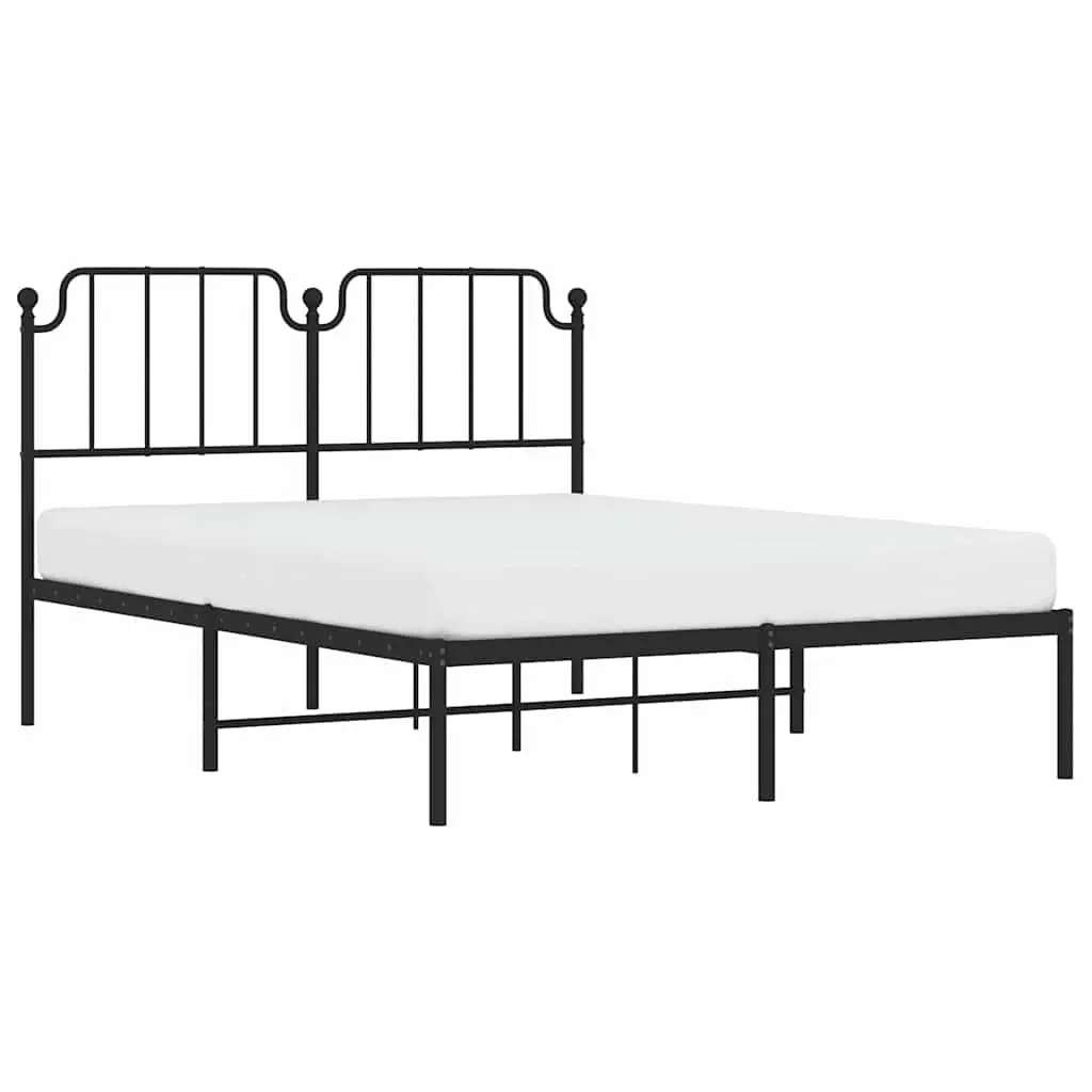 Metal Bed Frame 135x190cm with Headboard Slatted Base Black Bedroom Furniture