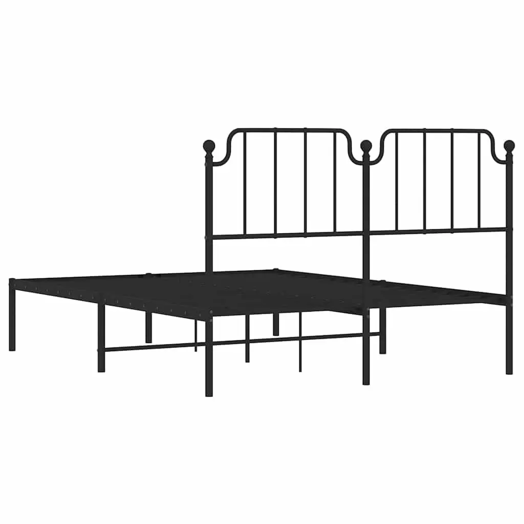 Metal Bed Frame 135x190cm with Headboard Slatted Base Black Bedroom Furniture