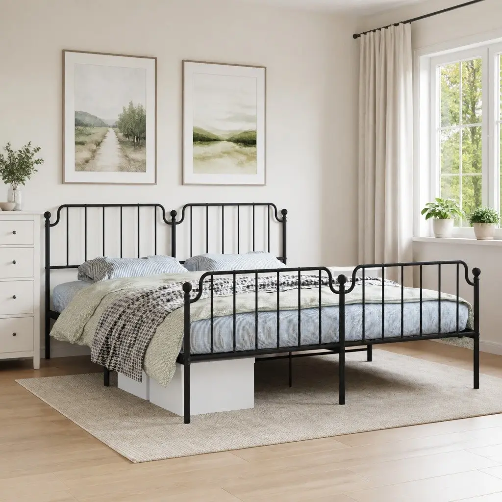 Metal Bed Frame King for Bedroom 183x203 cm with Footboard and Headboard Black